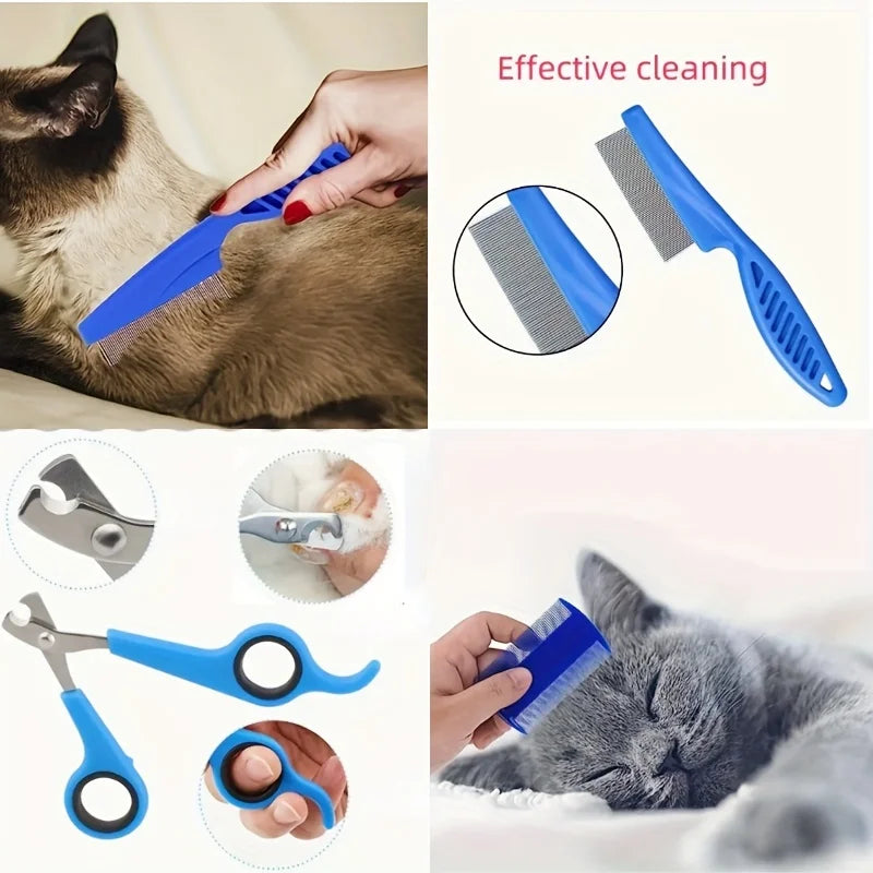 8 Pcs Pet Grooming Set, Hair Removal Comb for Dog, Flea Comb, Dog Shampoo Brush, Pet Nail Clippers, Dog Toothbrush Set