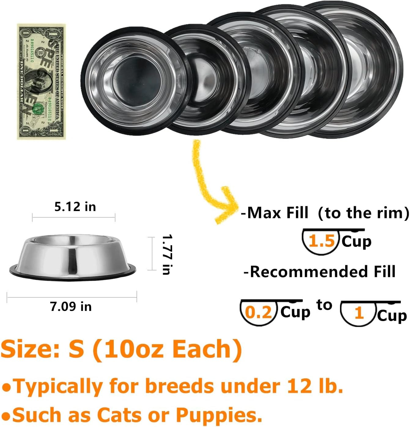 2 Pack Stainless Steel Dog Bowls with Rubber Bottom, Anti-Slip Heavy Duty Premium Quality Pets Feeder Bowls for Dogs and Cats and More (1½Cup / 10Oz)