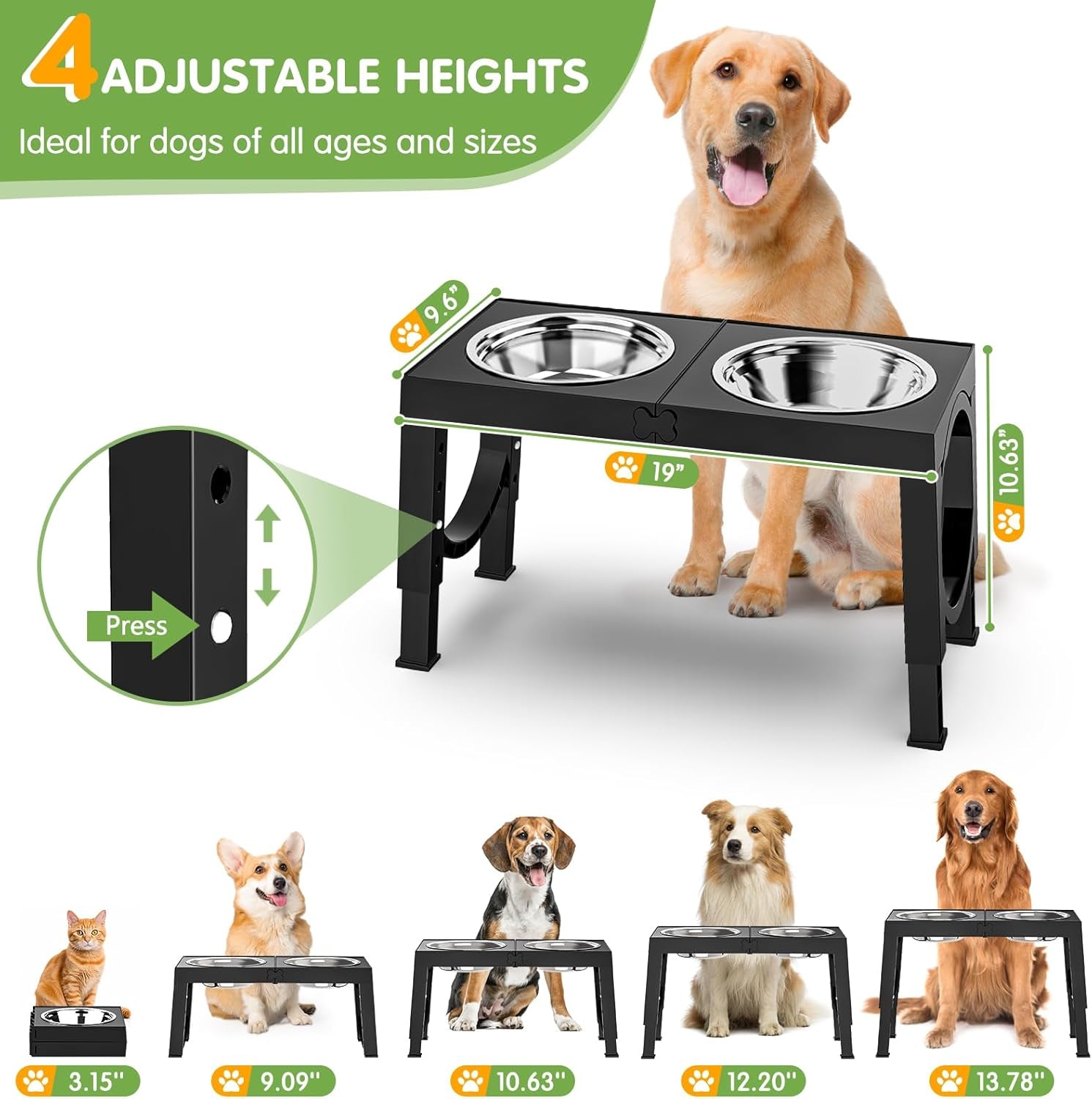 Elevated Dog Bowls Large Breed Raised Dogs Bowl Stand Large/Medium Sized Dog 1L Food Water Bowl Stands 5 Heights Adjustable 9/11/12/14In Black Pet Feeder Dish Station